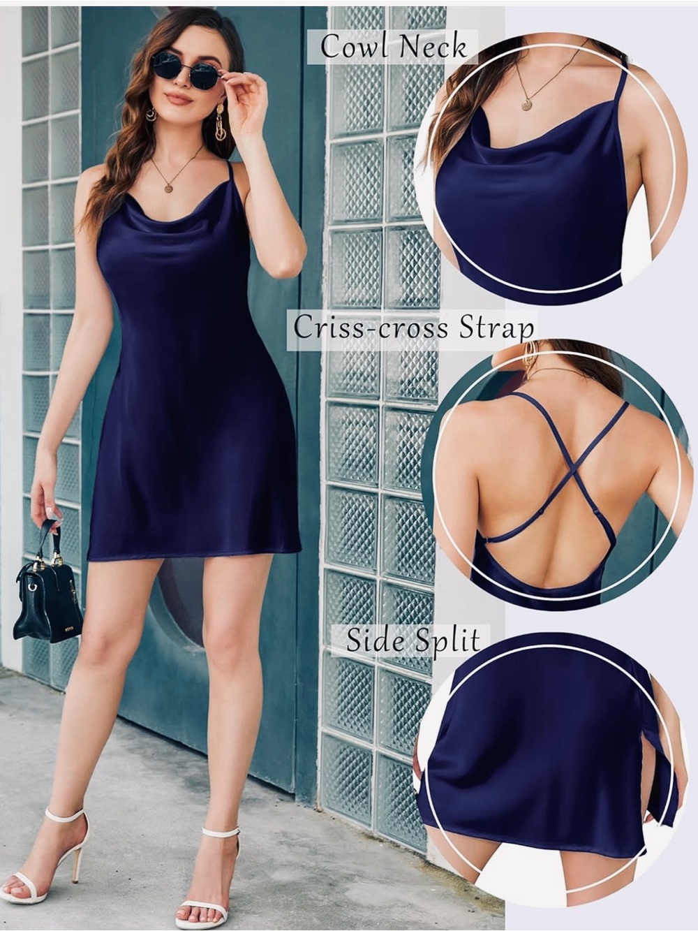 Navy Satin Cowl Neck Slip Dress Lingerie with Criss-Cross Back Size Small